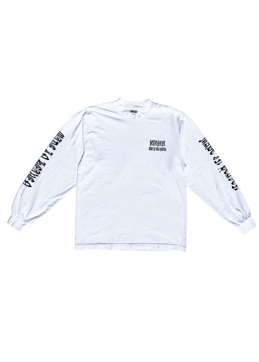 White long-sleeve shirt with black text on a white background
