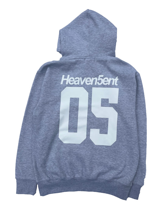 Gray hoodie with 'Heaven5ent 05' printed on the back against a white background