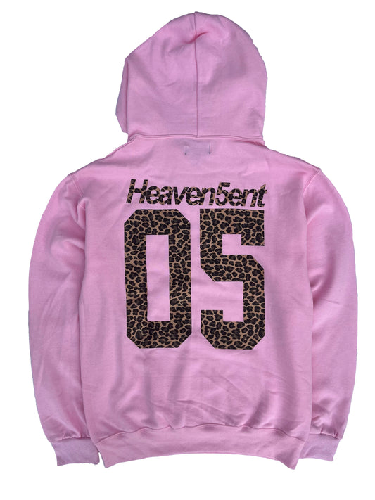 Pink hoodie with 'Heaven5ent 05' text on the back