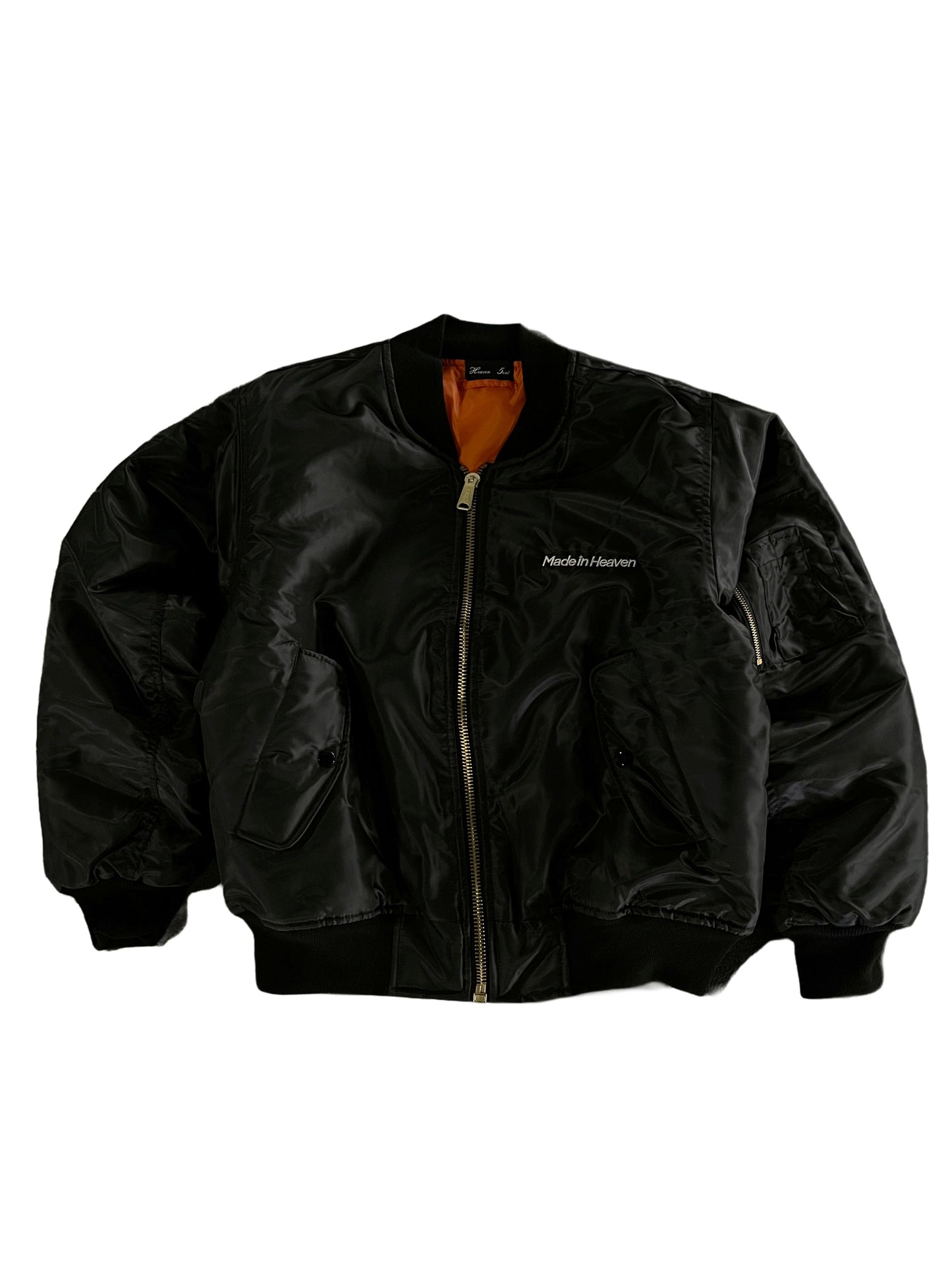 Black bomber jacket with embroidered brand logo on a back 