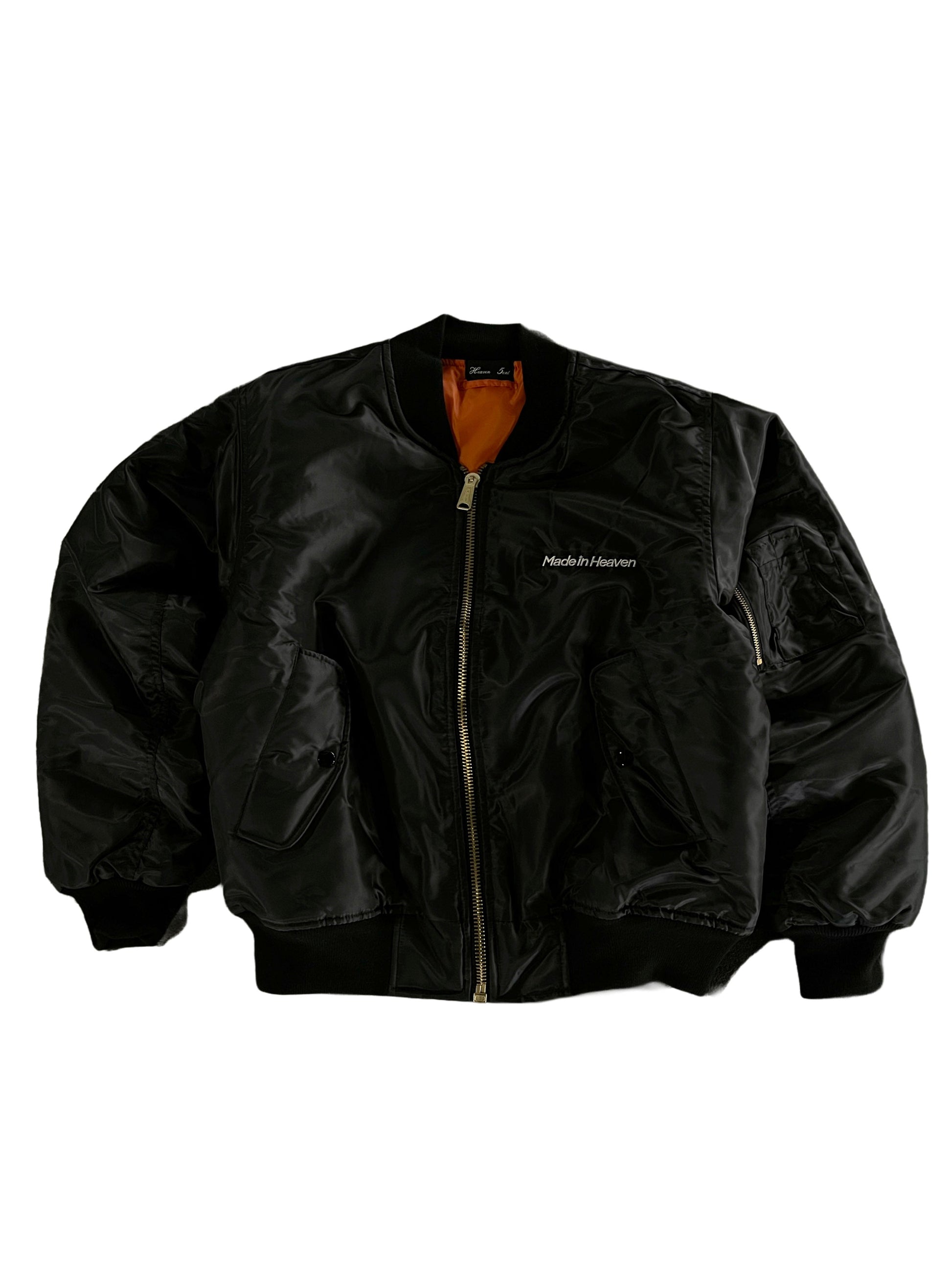 Black bomber jacket with embroidered brand logo on a back 