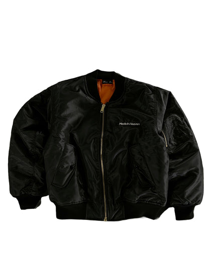 Black bomber jacket with embroidered brand logo on a back 