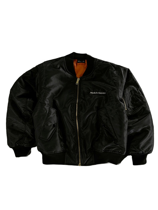 Black bomber jacket with embroidered brand logo on a back 