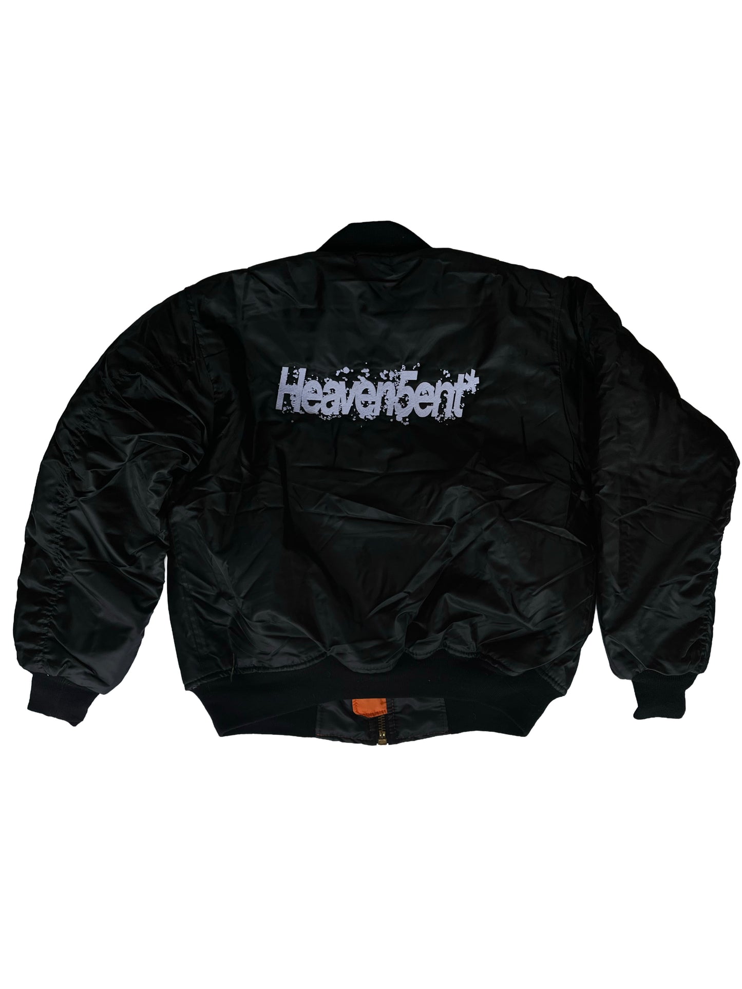 Black jacket with 'Heaven sent' branding on a white background with embroidering in front and back