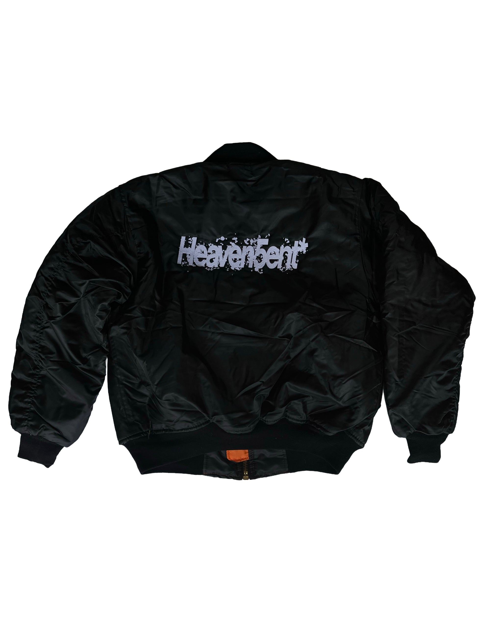 Black jacket with 'Heaven sent' branding on a white background with embroidering in front and back
