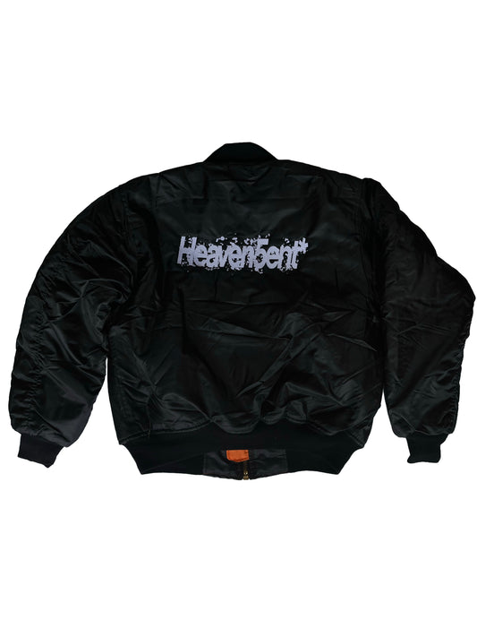 Black jacket with 'Heaven sent' branding on a white background with embroidering in front and back