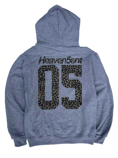 Gray hoodie with 'Heaven Sent 05' text on the back with leopard print color