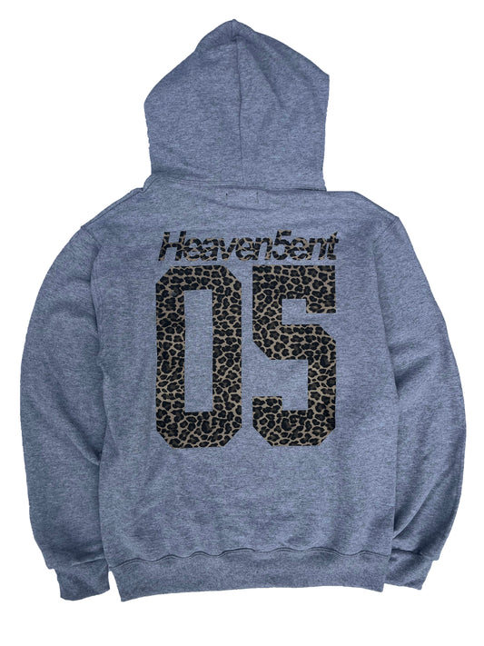 Gray hoodie with 'Heaven Sent 05' text on the back with leopard print color