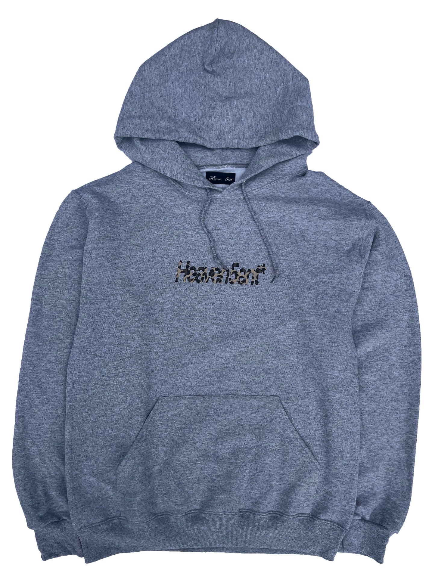 Gray hoodie with a logo on a white background