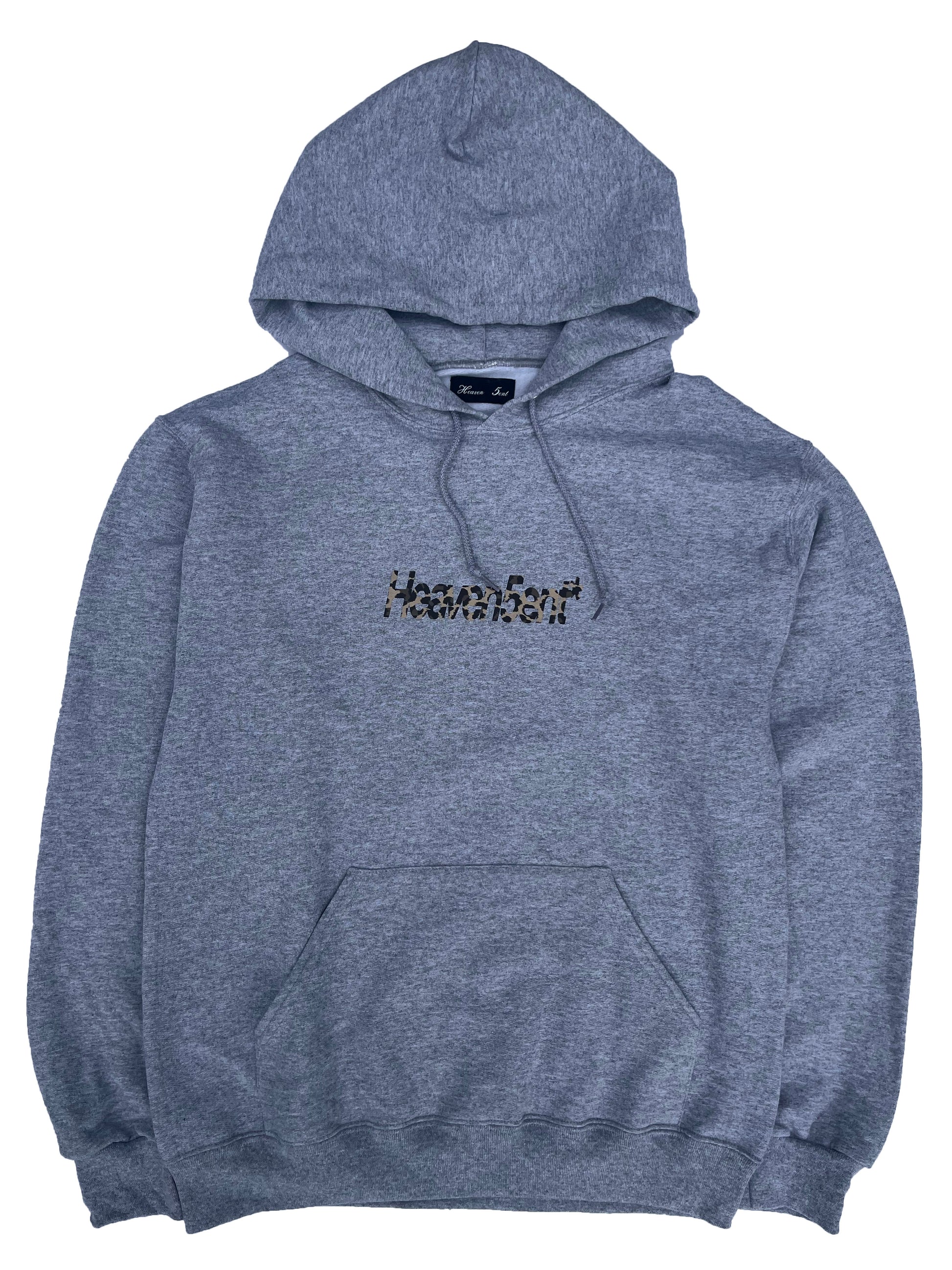 Gray hoodie with a logo on a white background