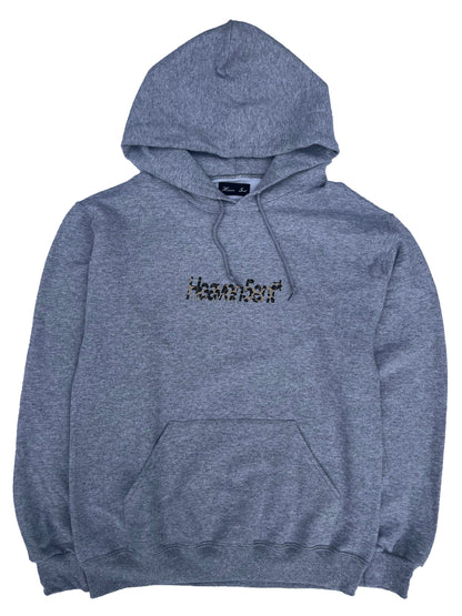 Gray hoodie with a logo on a white background