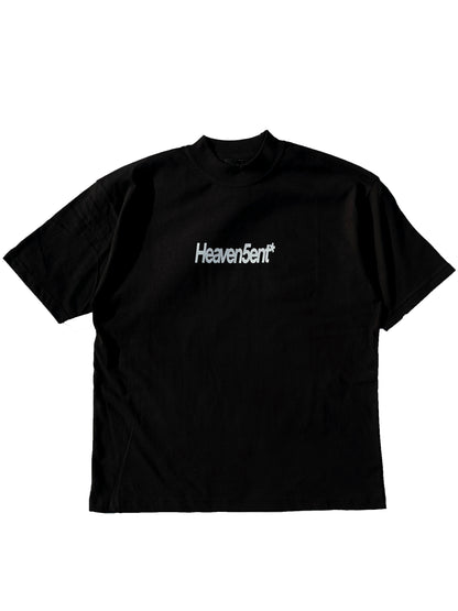 heaven sent logo on the  front of black t shirt layer on a white background