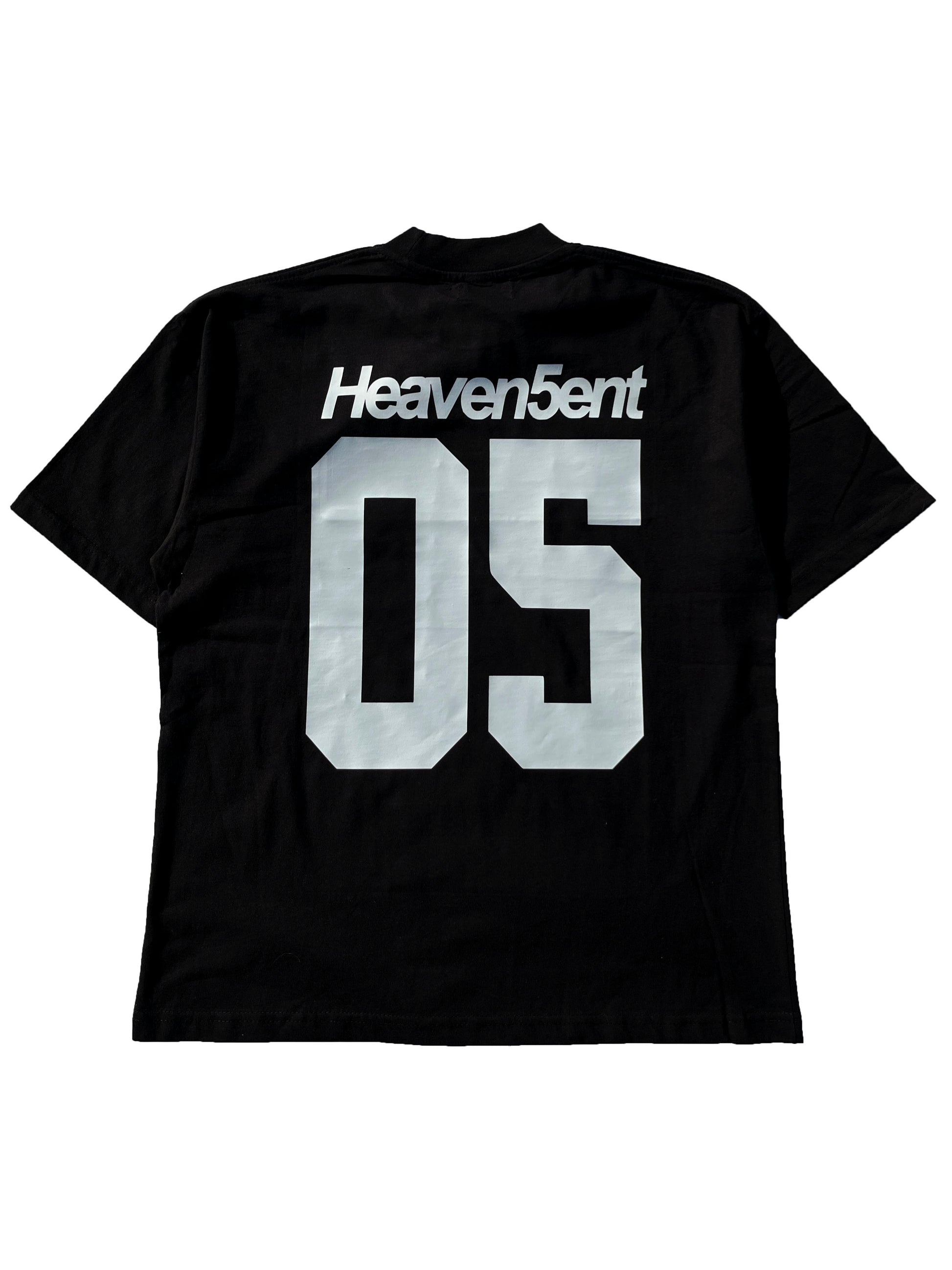 Black t-shirt with 'Heaven5ent 05' printed on the back against a white background