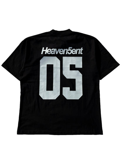Black t-shirt with 'Heaven5ent 05' printed on the back against a white background