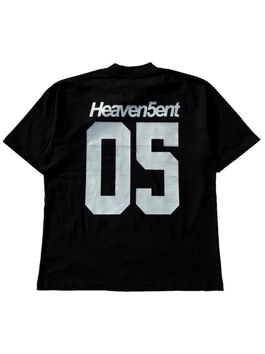 Black t-shirt with 'Heaven5ent 05' printed on the back against a white background