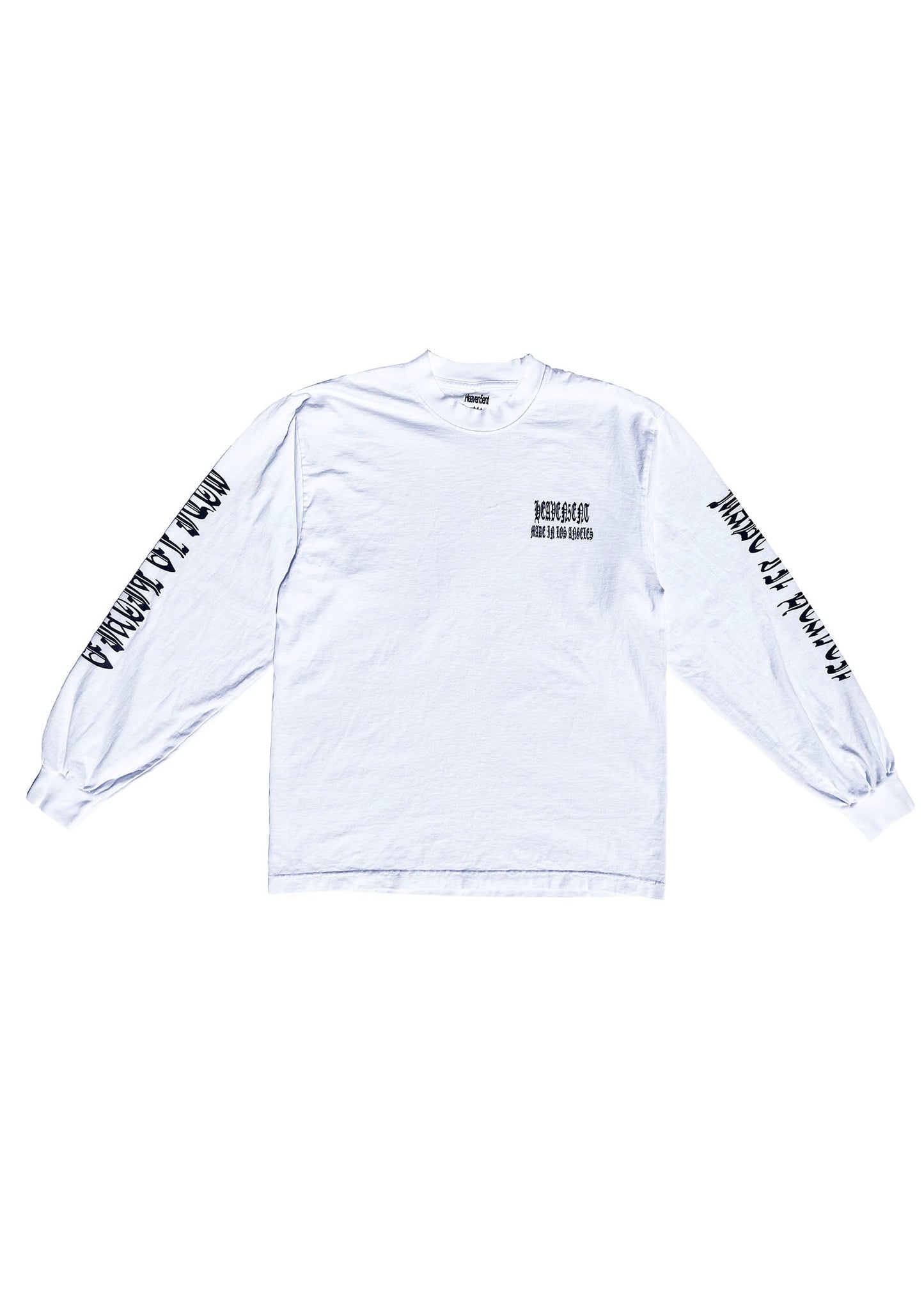 White long-sleeve shirt with black text on a white background