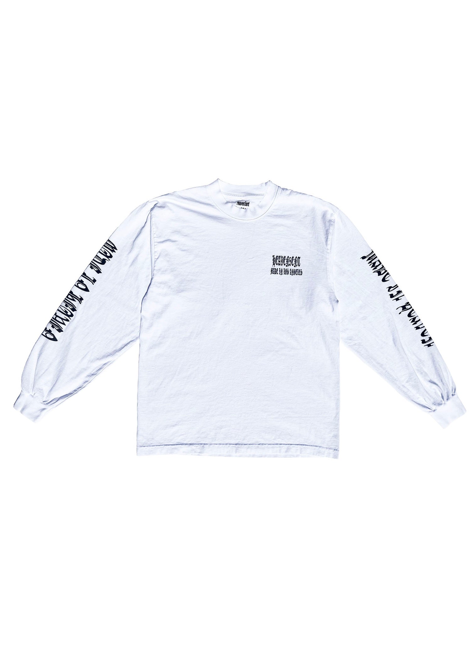 White long-sleeve shirt with black text on a white background
