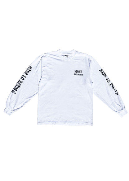 White long-sleeve shirt with black text on a white background