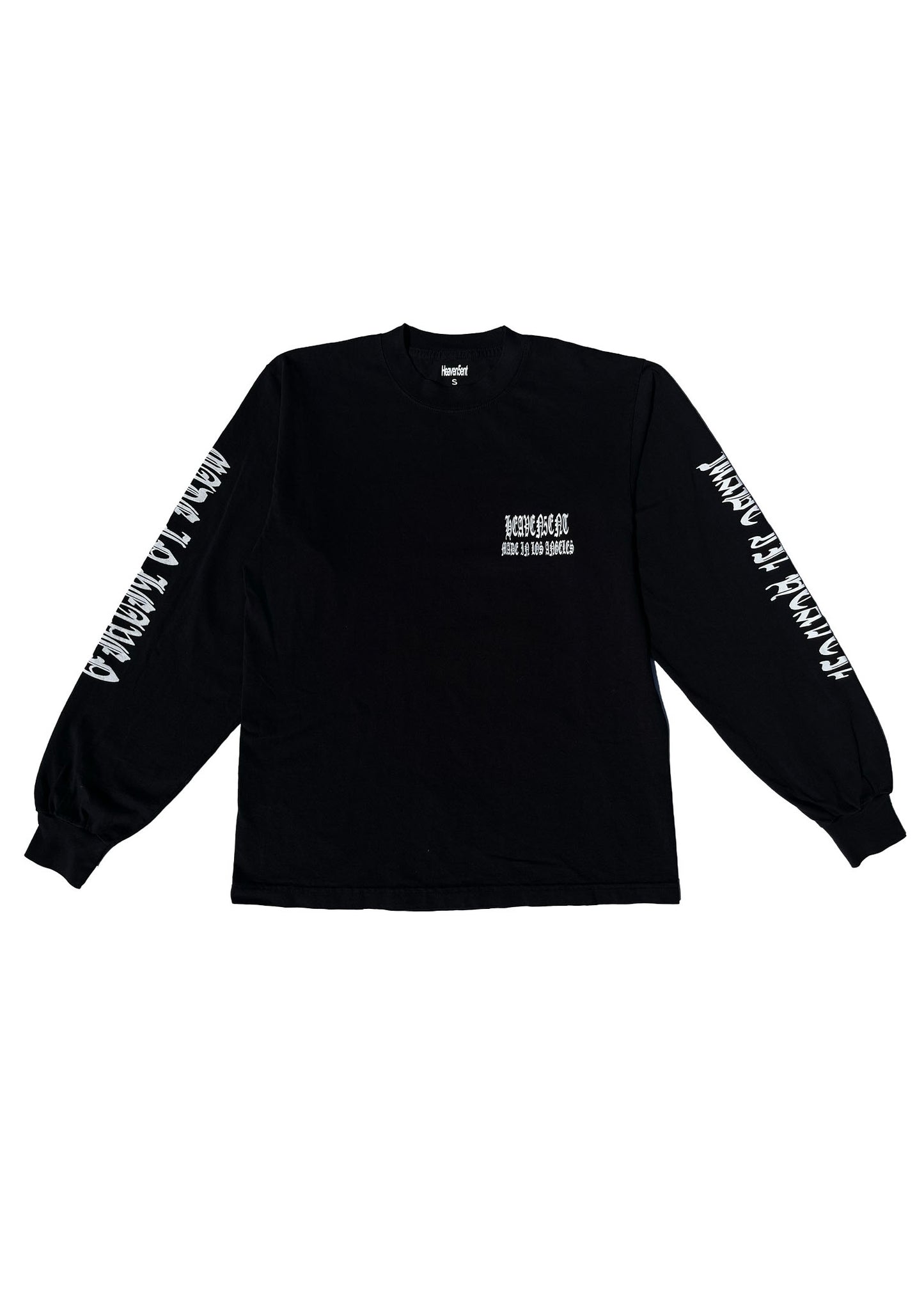 Black long-sleeve shirt with white text on a white background