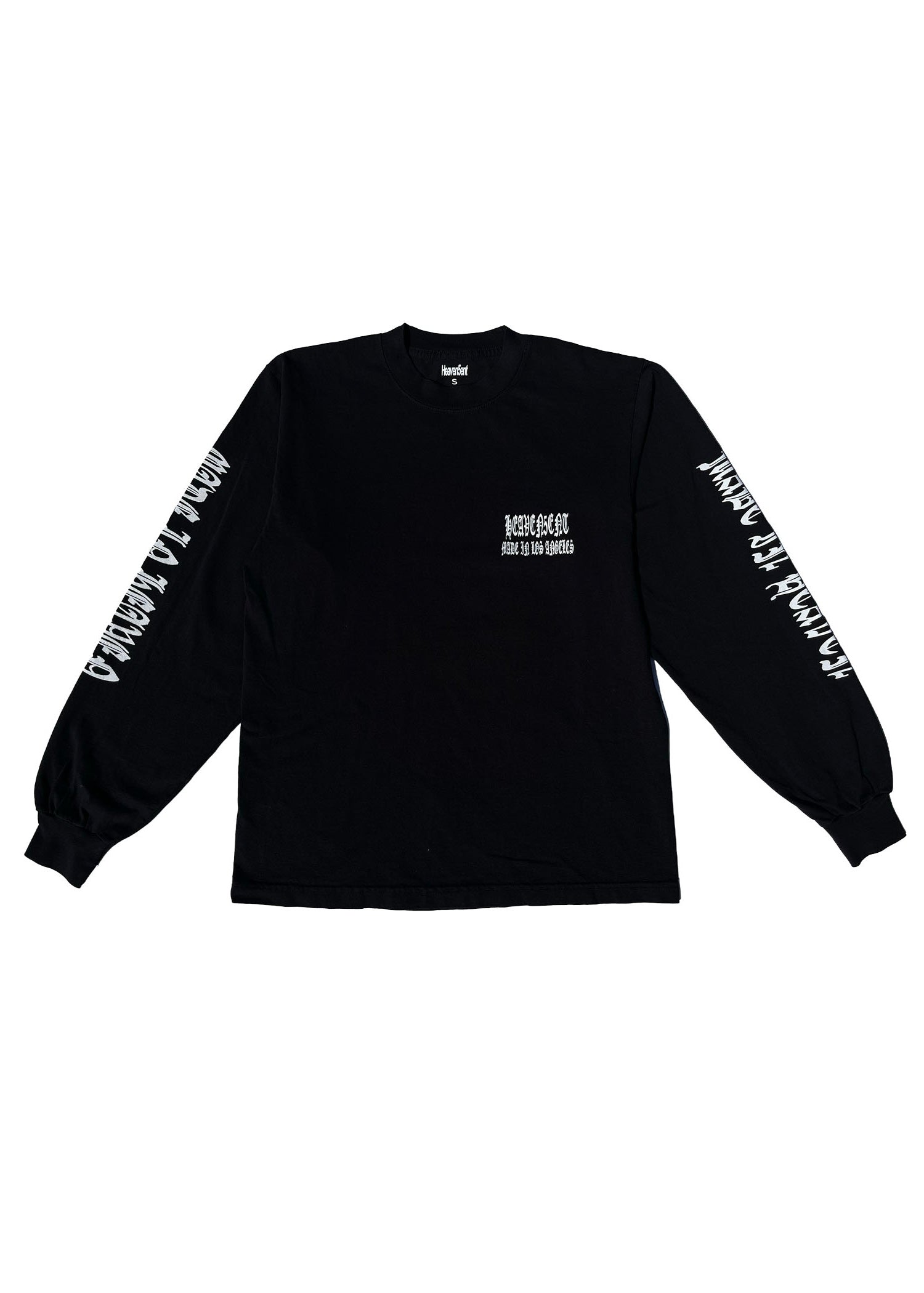 Black long-sleeve shirt with white text on a white background