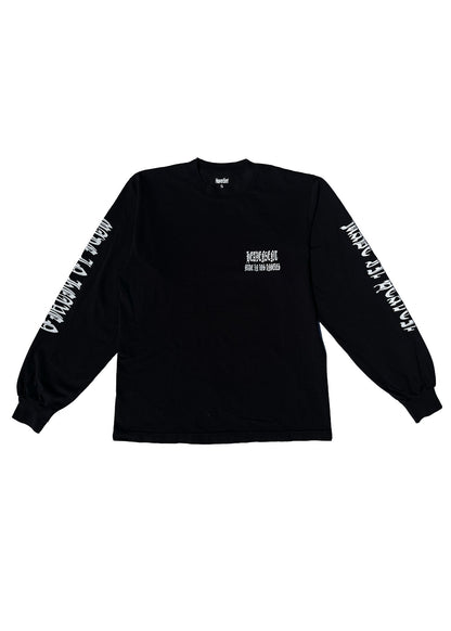 Black long-sleeve shirt with white text on a white background