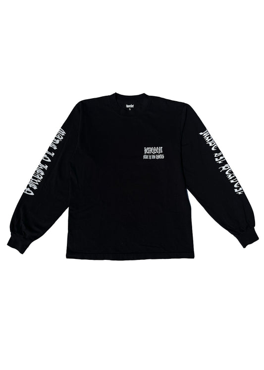 Black long-sleeve shirt with white text on a white background